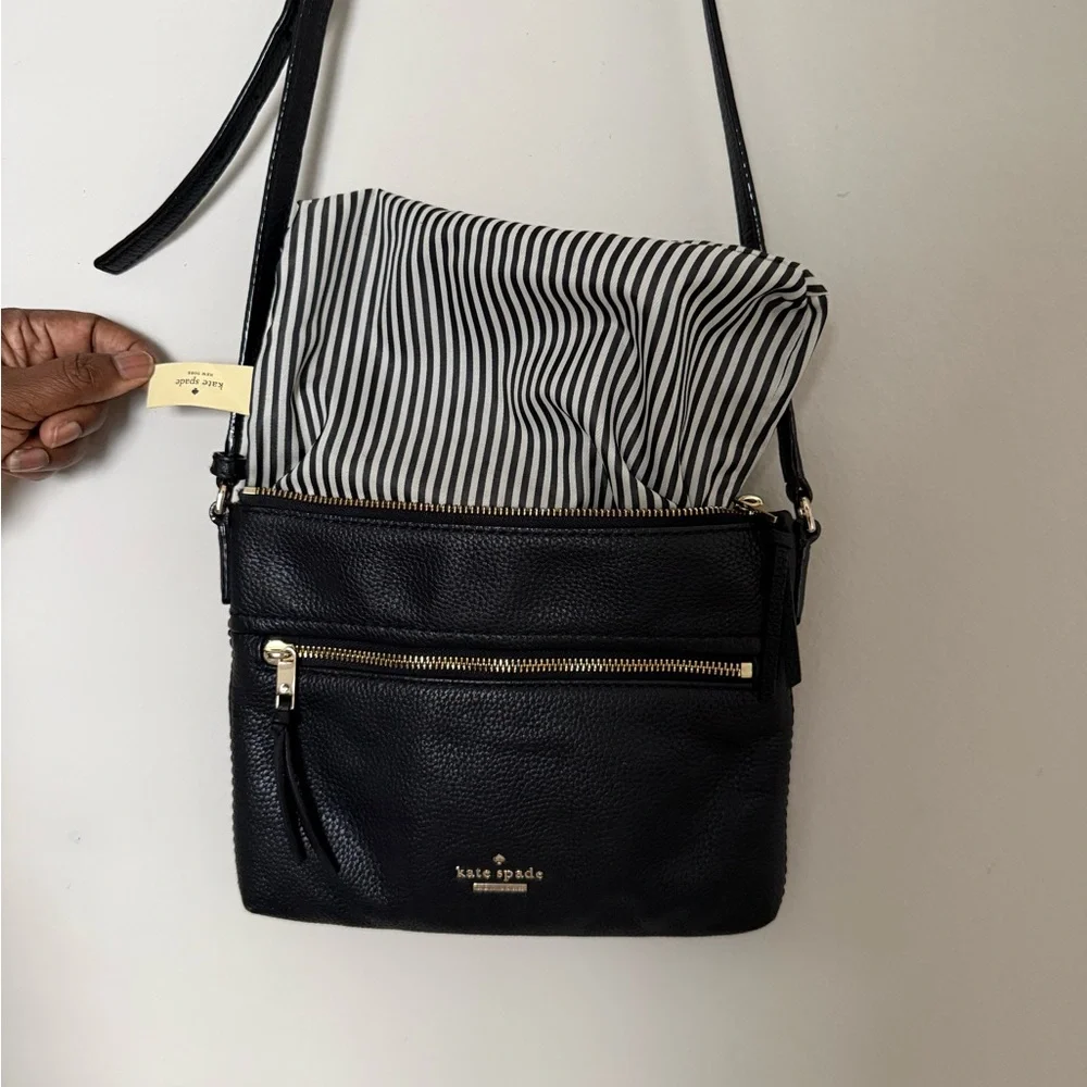 kate spade Black Pebbled Leather Crossbody with Striped Insert